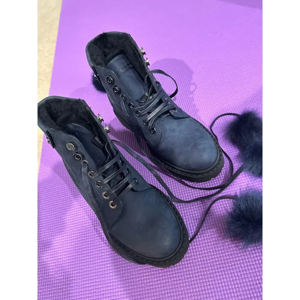 New Jimmy Choo Leather Boots Size 7 Lamb Shearling Fur Pom Pom Made in Italy